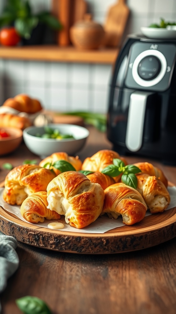 Air fryer Italian crescent casserole with melted cheese and basil on a wooden plate.